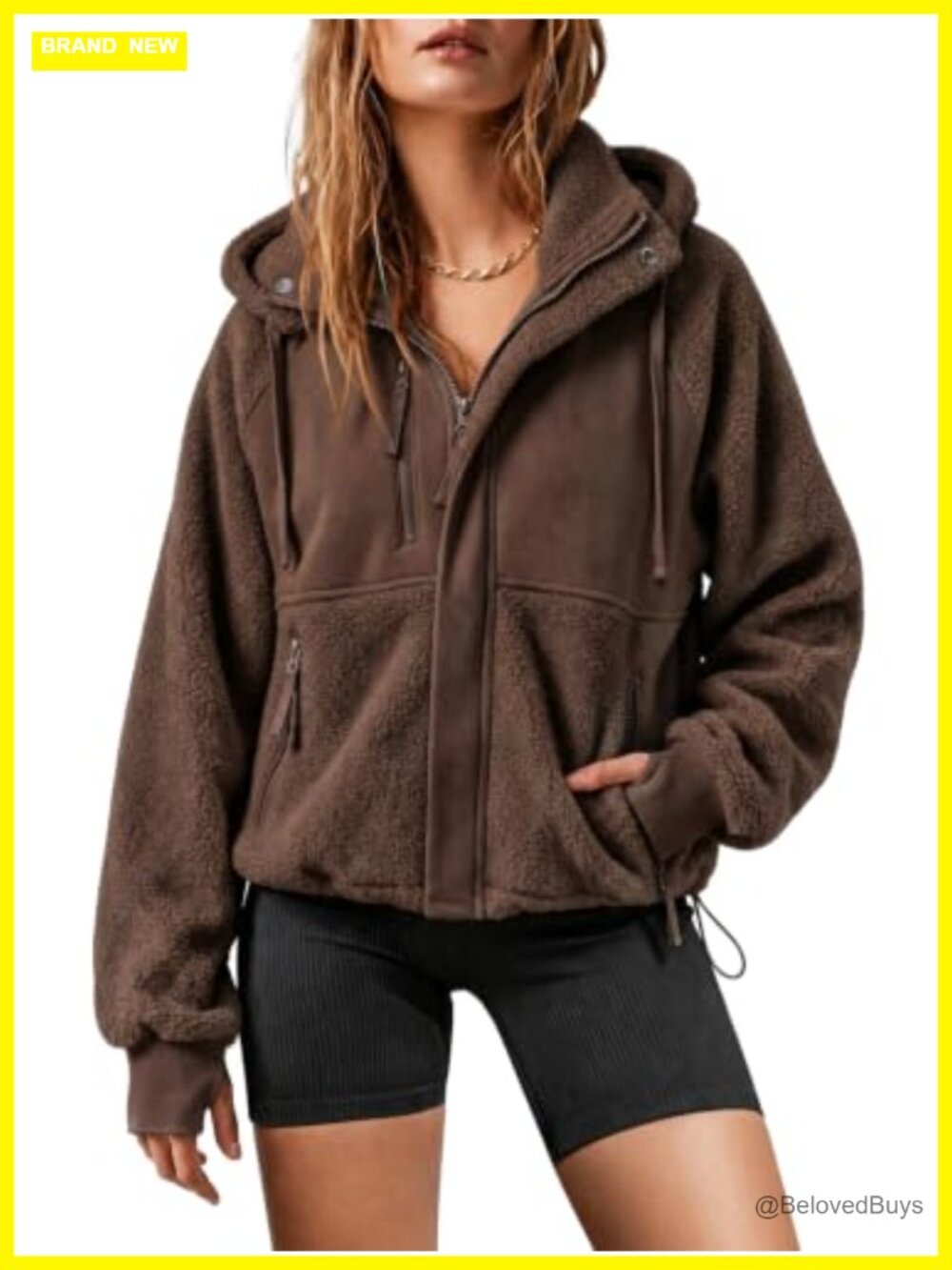 Womens Sherpa Fleece Hooded Zip Up Oversized Casual Coat